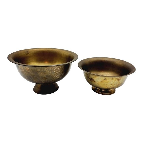 Dining Set Of 2 Vintage Round Solid Brass Bowls Footed Pedestal 5 X 8
